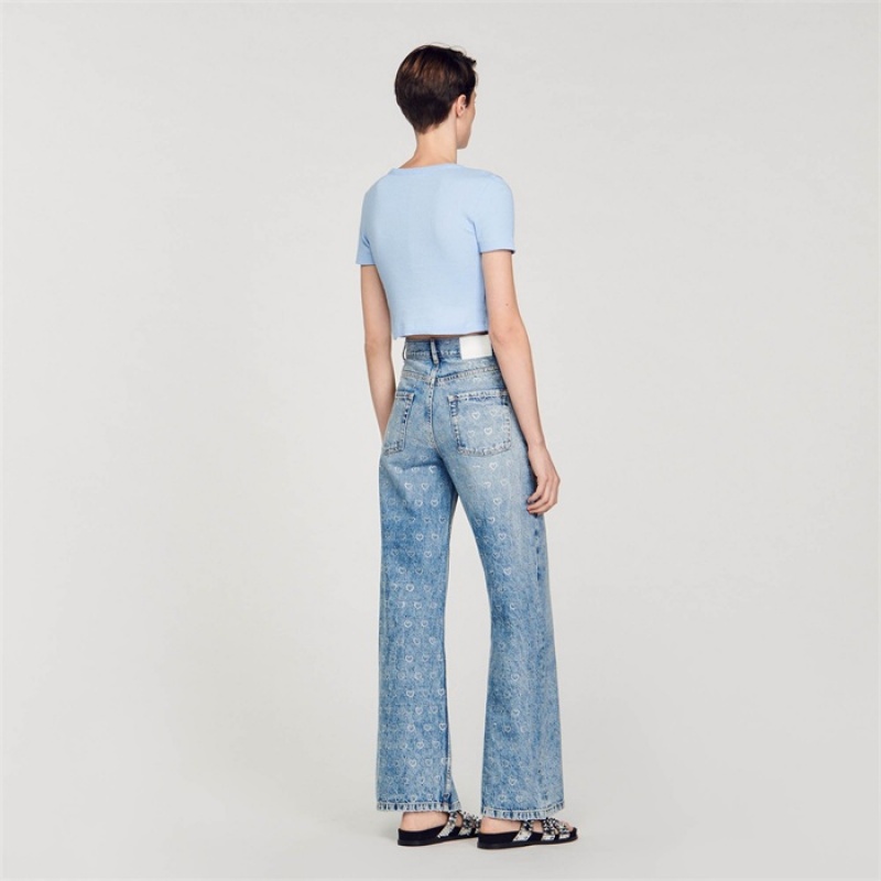 Sandro Cropped T-shirt Sky Blue | SN-SDO64418