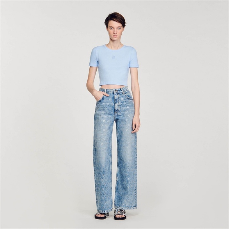 Sandro Cropped T-shirt Sky Blue | SN-SDO64418