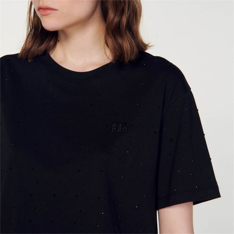 Sandro Cropped T-shirt with rhinestones Black | SN-SDO64400