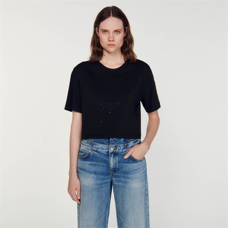 Sandro Cropped T-shirt with rhinestones Black | SN-SDO64400