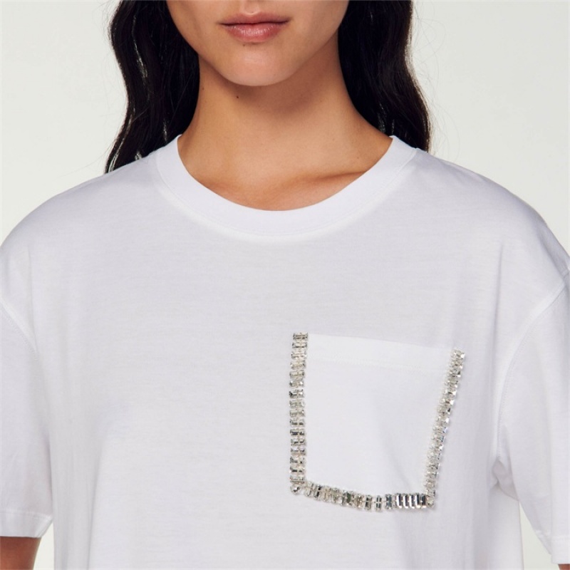 Sandro Cropped T-shirt with rhinestones White | SN-SDO64397