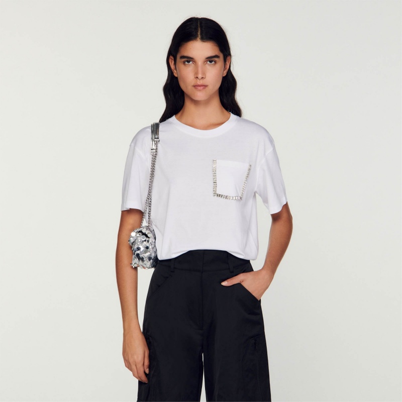 Sandro Cropped T-shirt with rhinestones White | SN-SDO64397