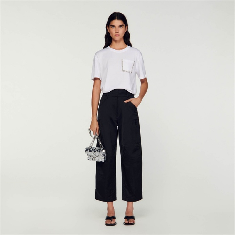 Sandro Cropped T-shirt with rhinestones White | SN-SDO64397