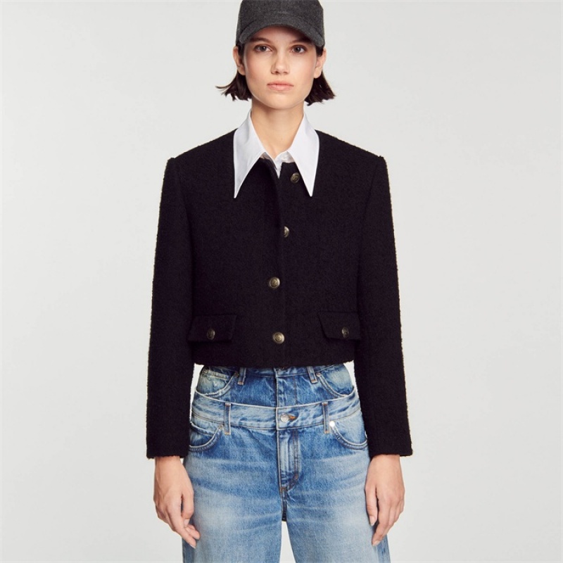 Sandro Cropped bouclé wool jacket Black | SN-SDO64428