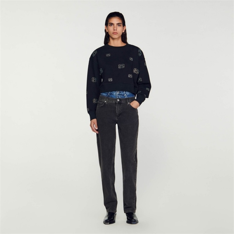 Sandro Cropped double S sweatshirt Black | SN-SDO64495