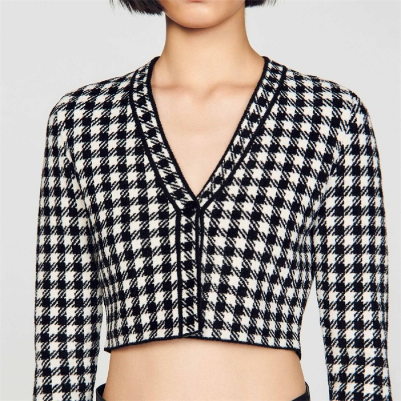 Sandro Cropped gingham knit cardigan Black / Ecru | SN-SDO64592