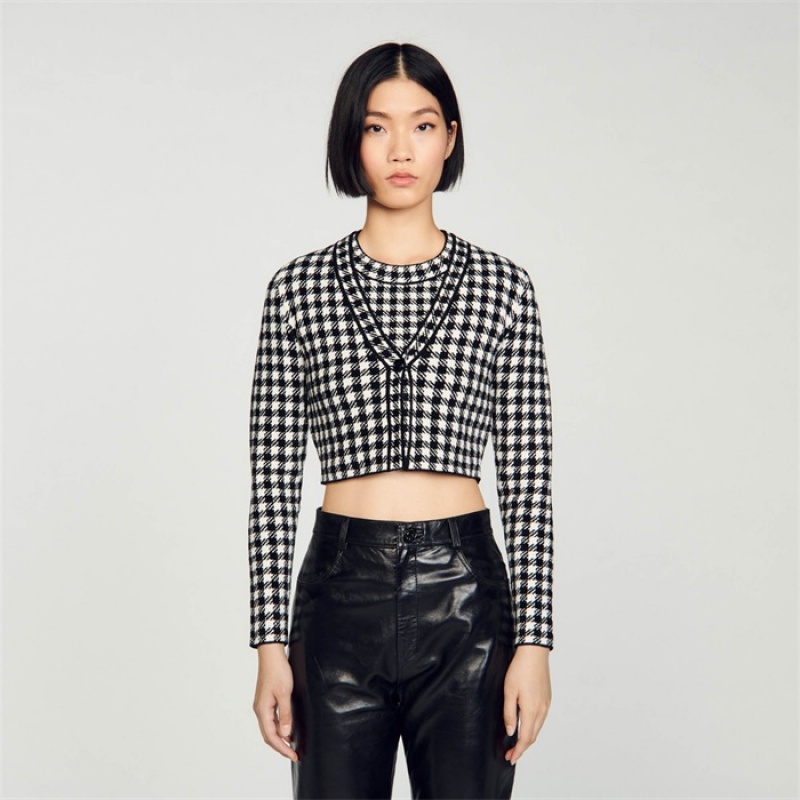 Sandro Cropped gingham knit cardigan Black / Ecru | SN-SDO64592