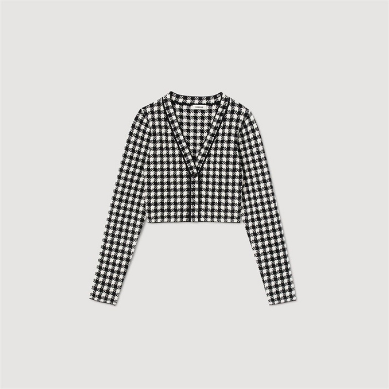 Sandro Cropped gingham knit cardigan Black / Ecru | SN-SDO64592