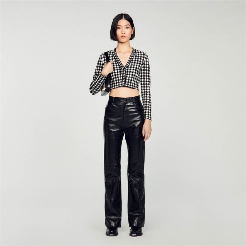 Sandro Cropped gingham knit cardigan Black / Ecru | SN-SDO64592