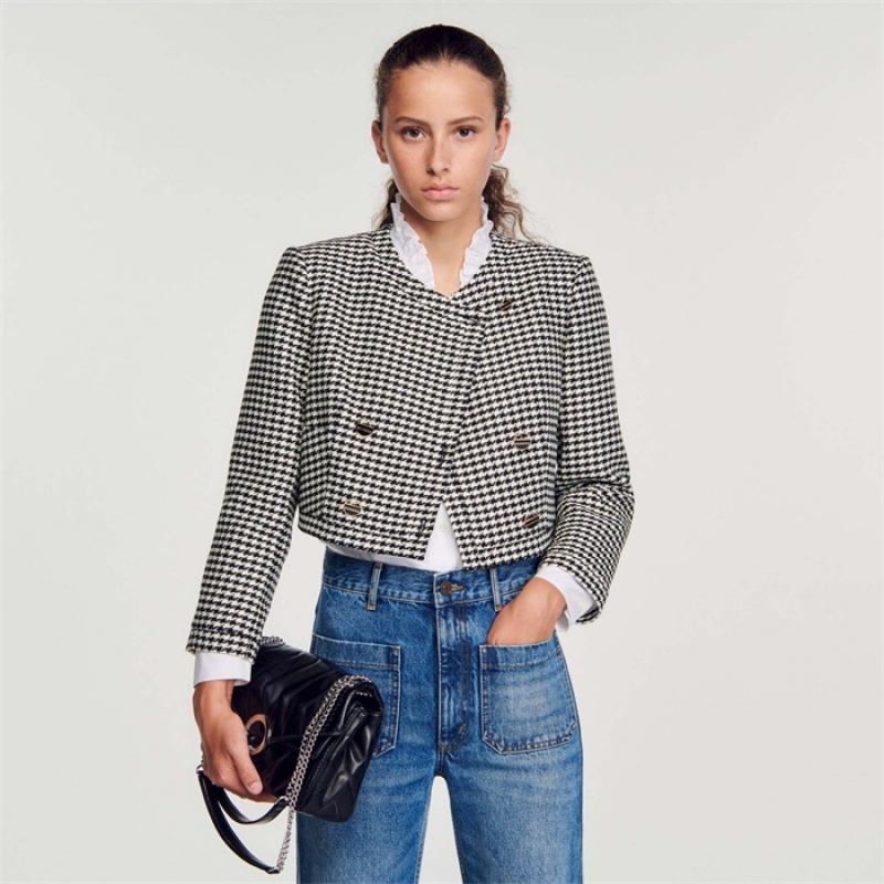 Sandro Cropped houndstooth jacket Black / White | SN-SDO64454