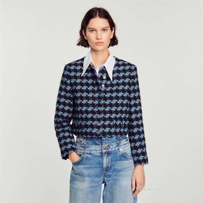 Sandro Cropped houndstooth tweed jacket Blue / Black | SN-SDO64433