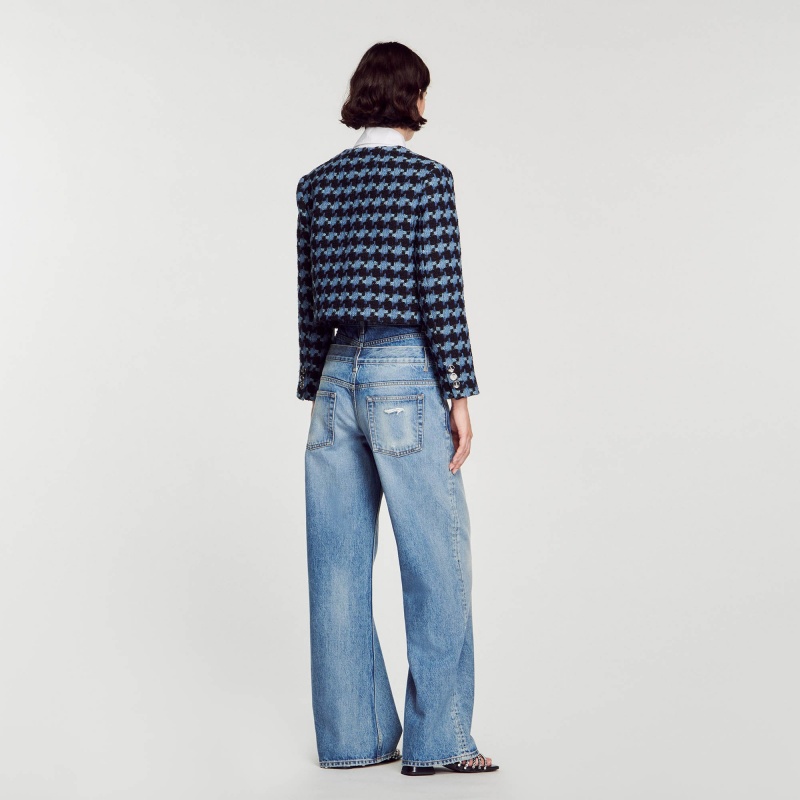 Sandro Cropped houndstooth tweed jacket Blue / Black | SN-SDO64433