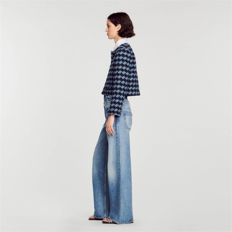 Sandro Cropped houndstooth tweed jacket Blue / Black | SN-SDO64433