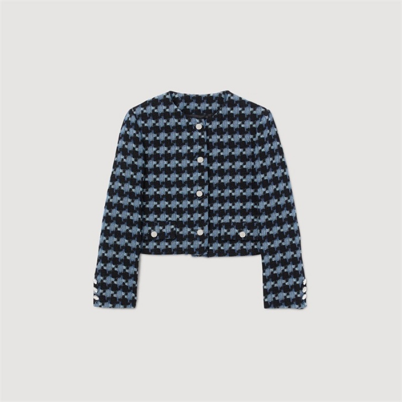 Sandro Cropped houndstooth tweed jacket Blue / Black | SN-SDO64433