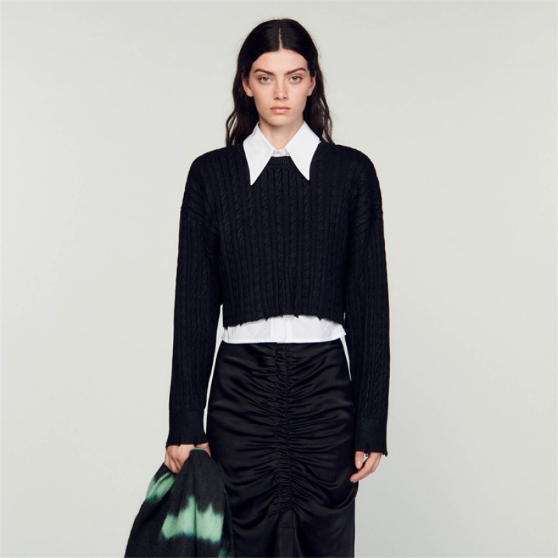 Sandro Cropped knit sweater Black | SN-SDO64616