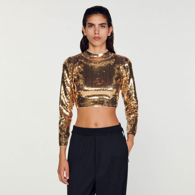 Sandro Cropped knit sweater with sequins Gold | SN-SDO64320