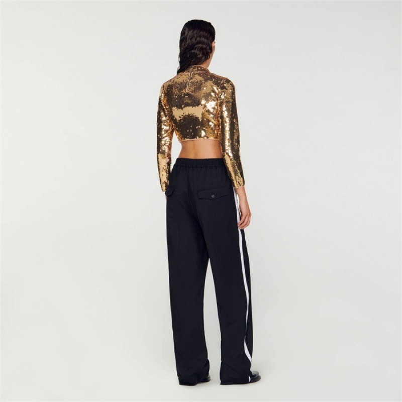 Sandro Cropped knit sweater with sequins Gold | SN-SDO64320