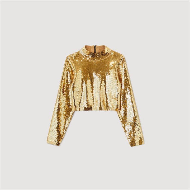 Sandro Cropped knit sweater with sequins Gold | SN-SDO64320