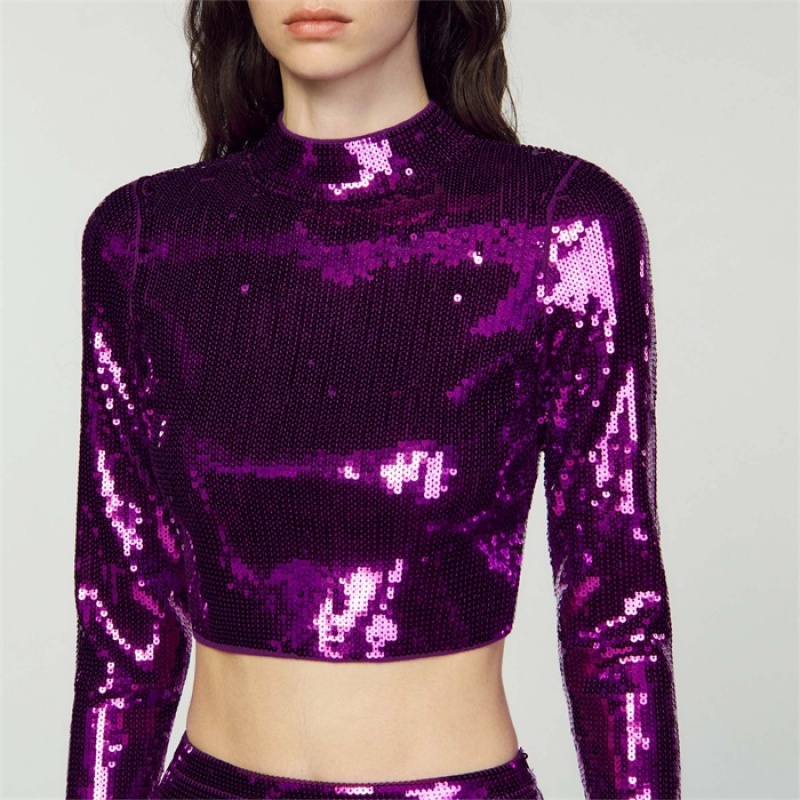 Sandro Cropped knit sweater with sequins Purple | SN-SDO64321