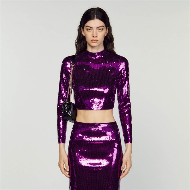 Sandro Cropped knit sweater with sequins Purple | SN-SDO64321