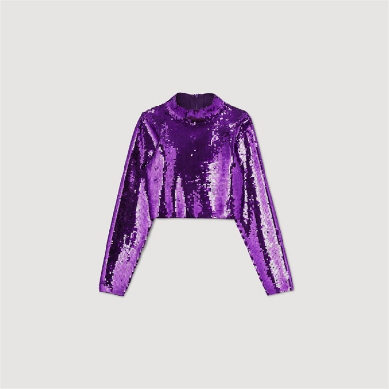 Sandro Cropped knit sweater with sequins Purple | SN-SDO64321