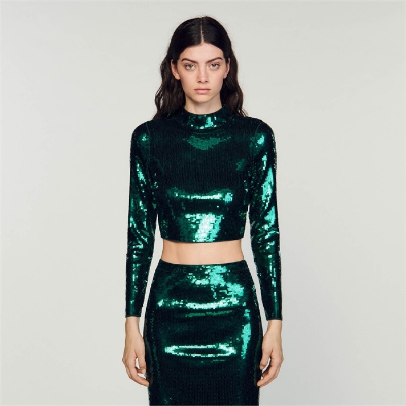 Sandro Cropped knit sweater with sequins Green | SN-SDO64322