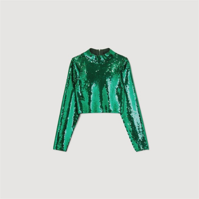 Sandro Cropped knit sweater with sequins Green | SN-SDO64322