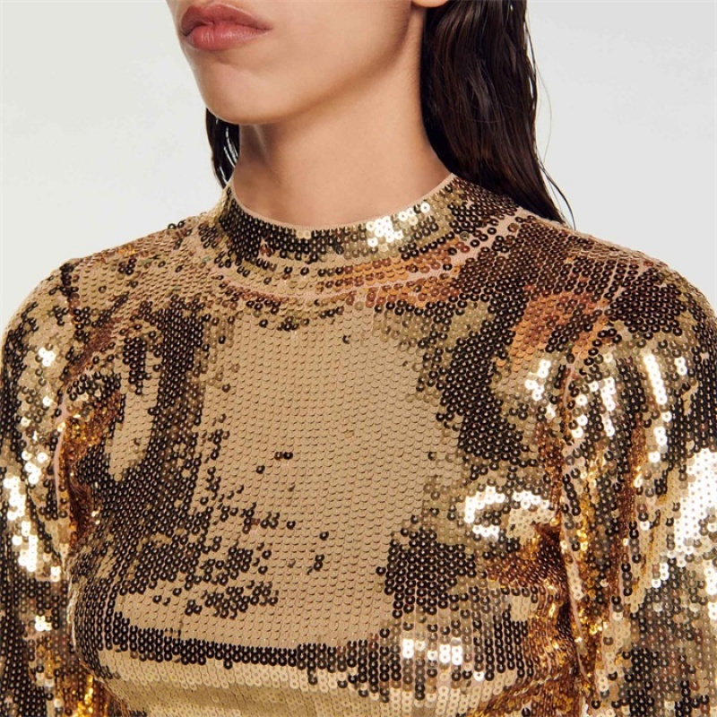 Sandro Cropped knit sweater with sequins Gold | SN-SDO64580