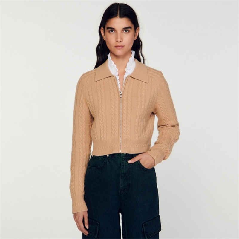 Sandro Cropped knitted cardigan Camel | SN-SDO64571