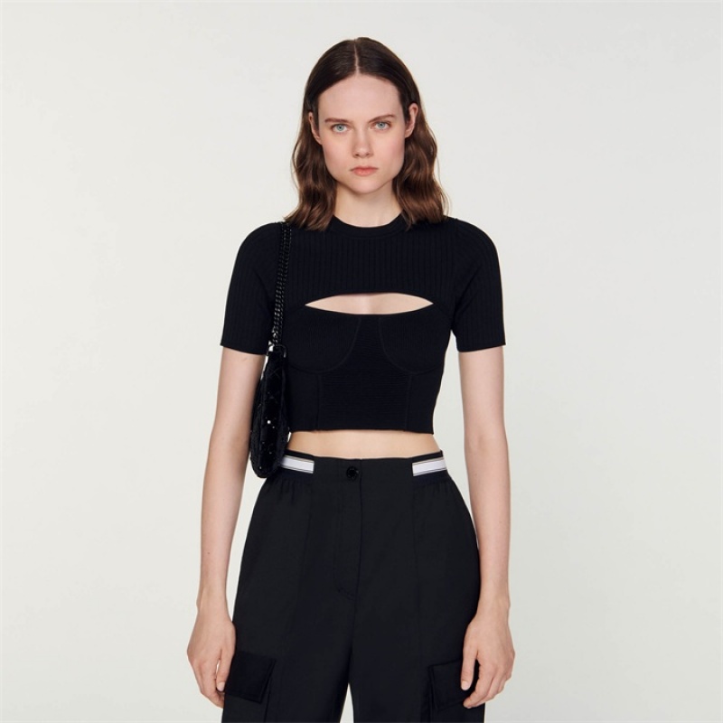 Sandro Cropped openwork jumper Black | SN-SDO64356