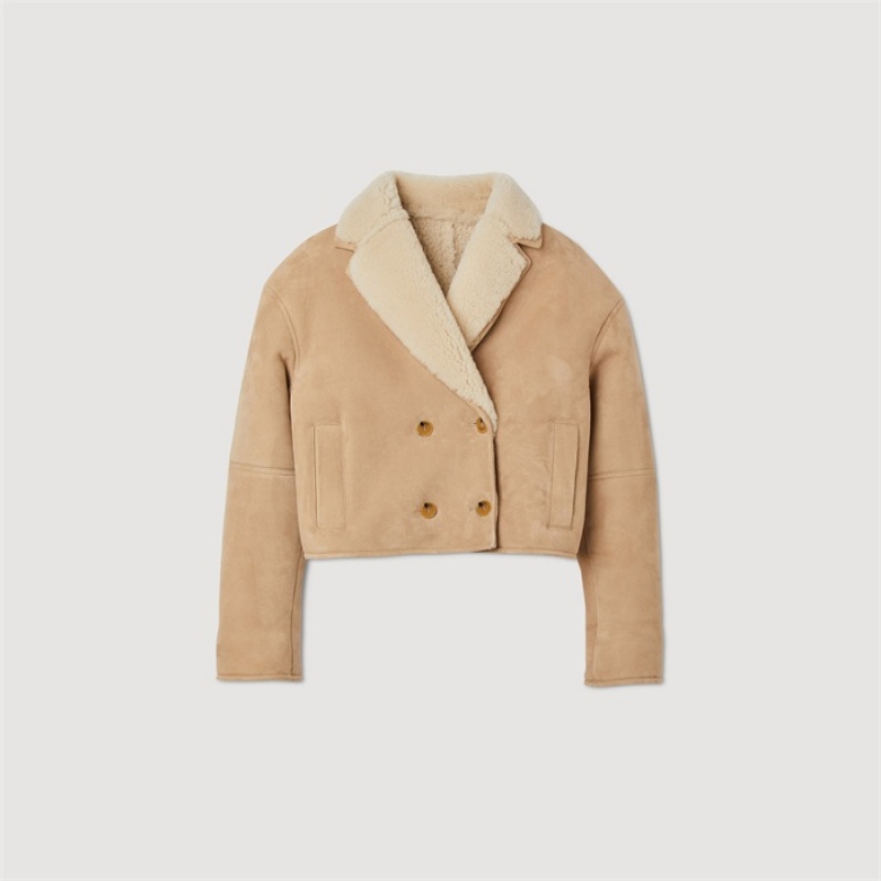 Sandro Cropped shearling jacket Beige | SN-SDO64529