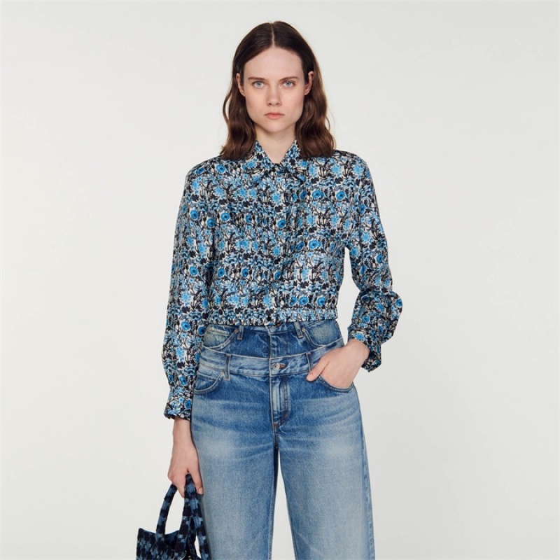 Sandro Cropped silk shirt Blu / Beige | SN-SDO64323