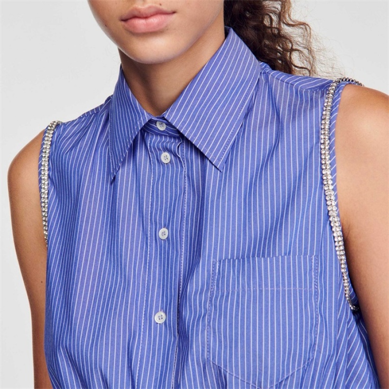 Sandro Cropped striped shirt Blu / White | SN-SDO64342