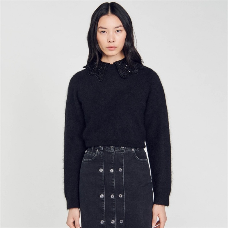 Sandro Cropped sweater with sequins Black | SN-SDO64634