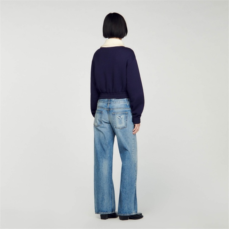 Sandro Cropped sweatshirt Deep Blue | SN-SDO64493