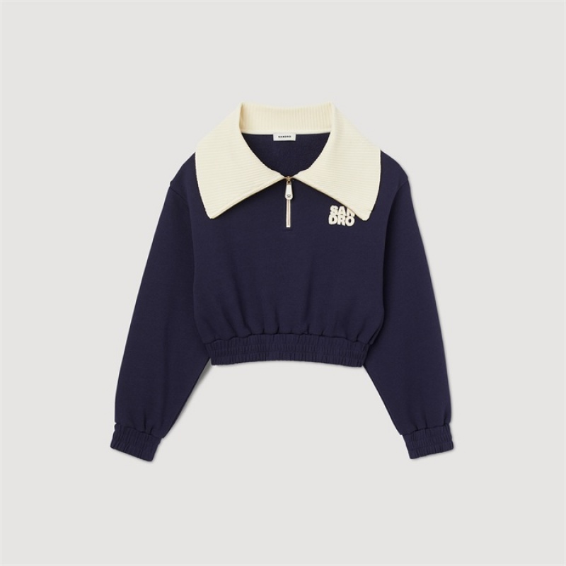 Sandro Cropped sweatshirt Deep Blue | SN-SDO64493