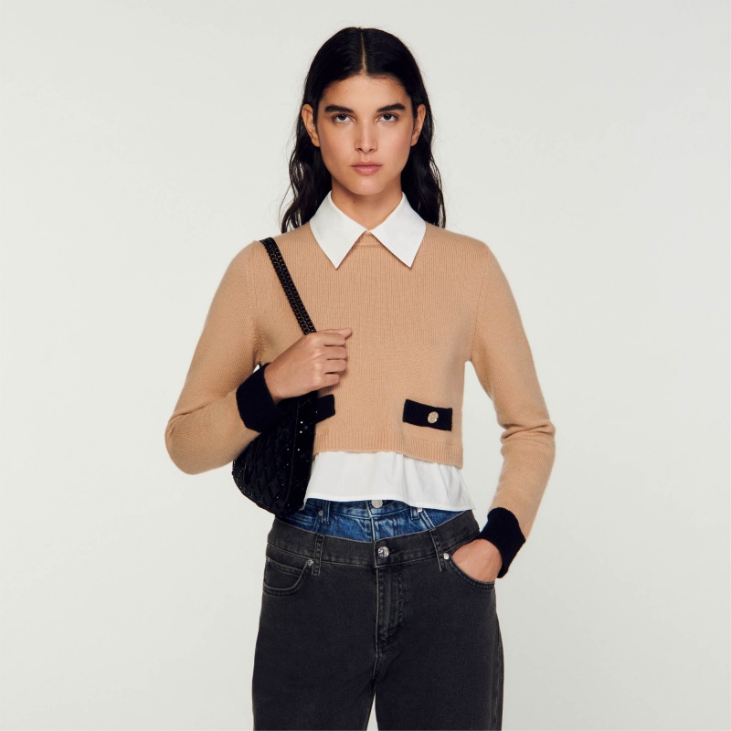 Sandro Cropped wool and cashmere sweater Camel | SN-SDO64545