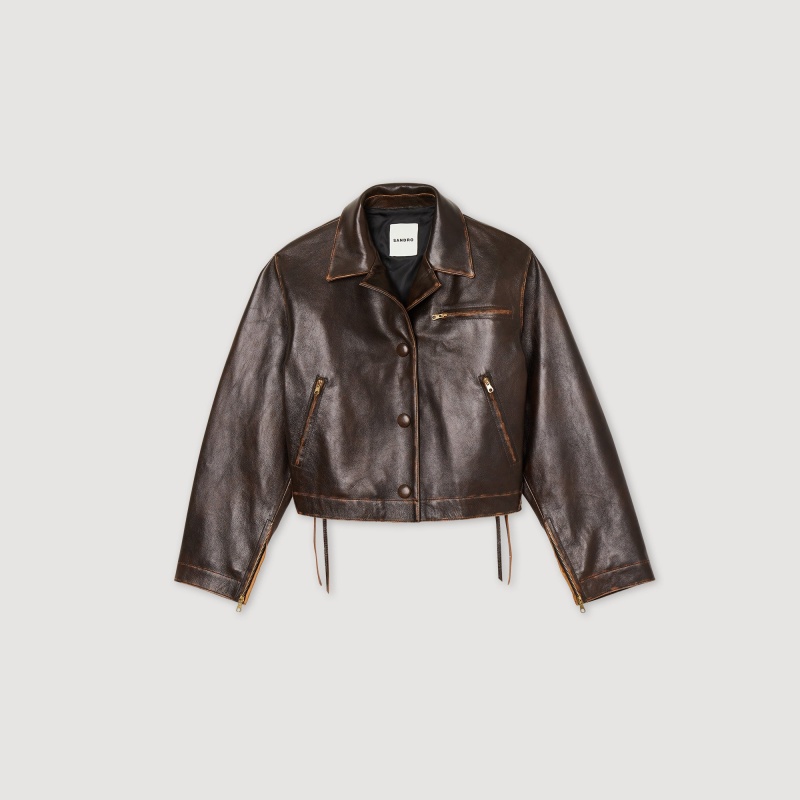 Sandro Distressed leather jacket Black Brown | SN-SDO64471