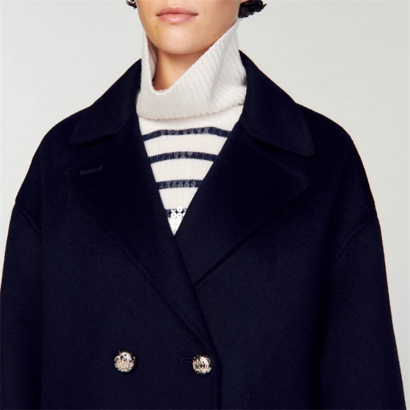 Sandro Double-breasted pea coat Navy Blue | SN-SDO64540