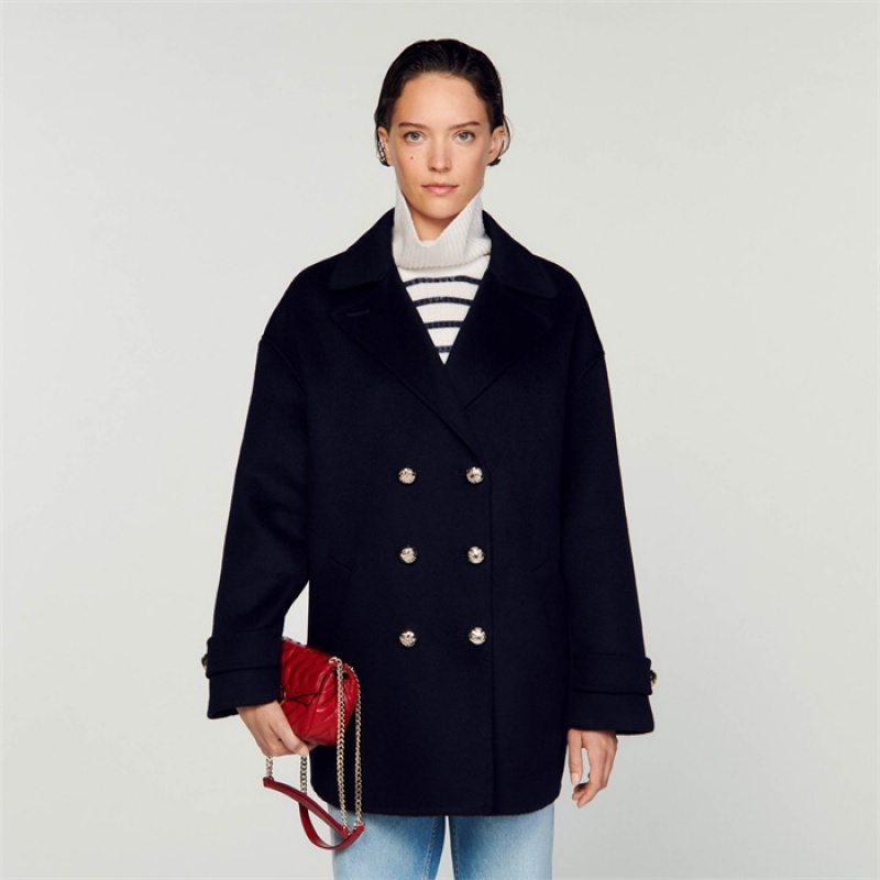 Sandro Double-breasted pea coat Navy Blue | SN-SDO64540