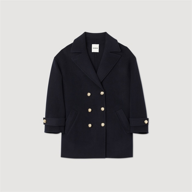 Sandro Double-breasted pea coat Navy Blue | SN-SDO64540