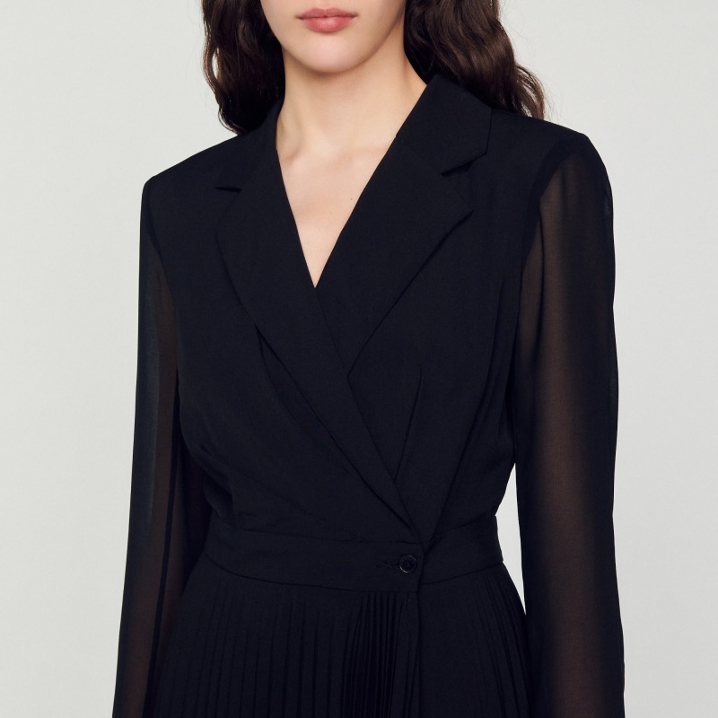 Sandro Dual-material long-sleeved dress Black | SN-SDO64239