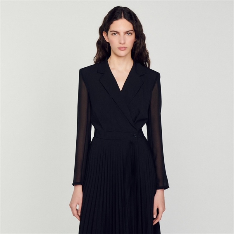 Sandro Dual-material long-sleeved dress Black | SN-SDO64239