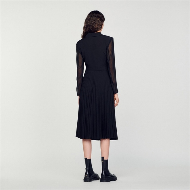 Sandro Dual-material long-sleeved dress Black | SN-SDO64239