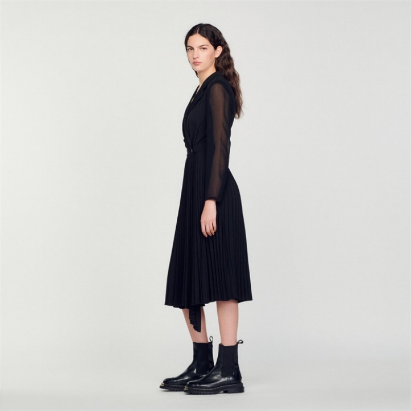 Sandro Dual-material long-sleeved dress Black | SN-SDO64239