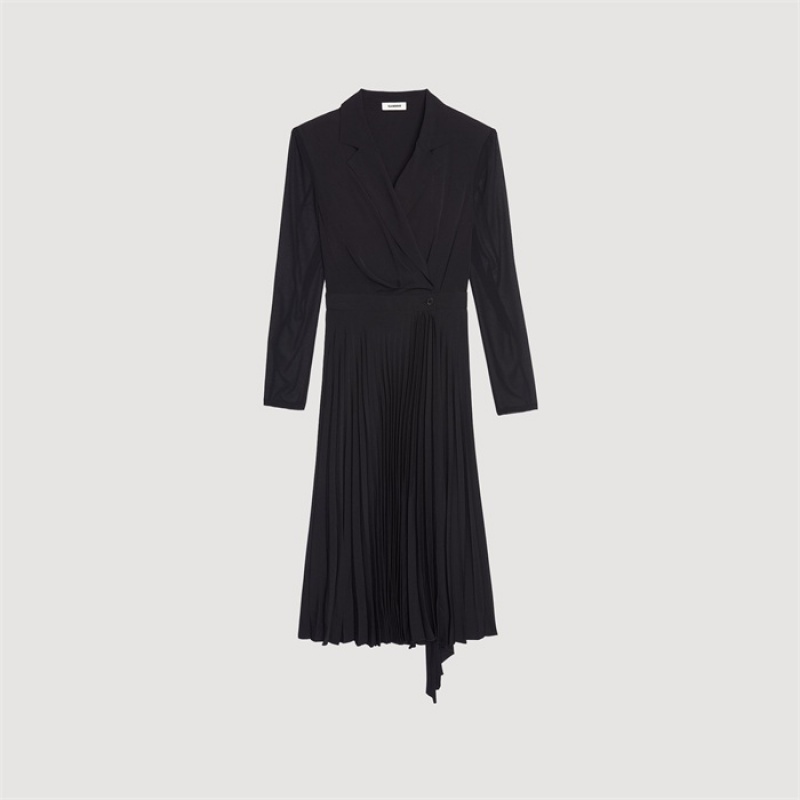 Sandro Dual-material long-sleeved dress Black | SN-SDO64239