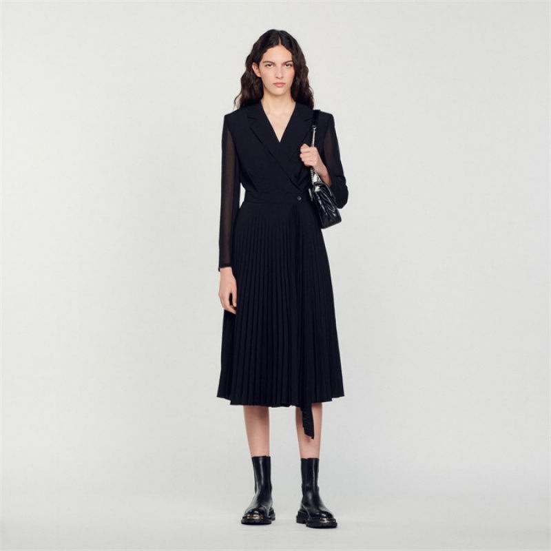 Sandro Dual-material long-sleeved dress Black | SN-SDO64239