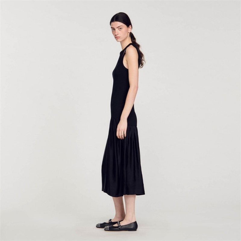 Sandro Dual-material maxi dress Black | SN-SDO64290