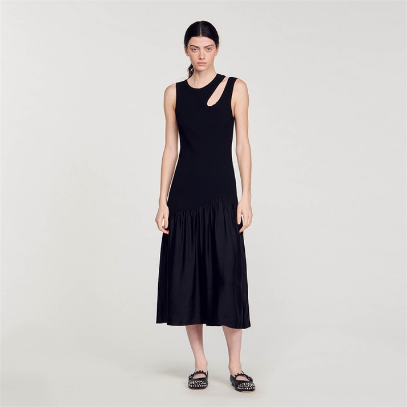 Sandro Dual-material maxi dress Black | SN-SDO64290