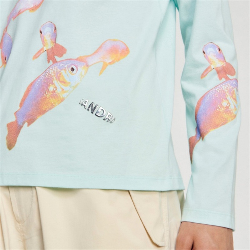 Sandro Fish T-shirt Mint Blue | SN-SDO65094